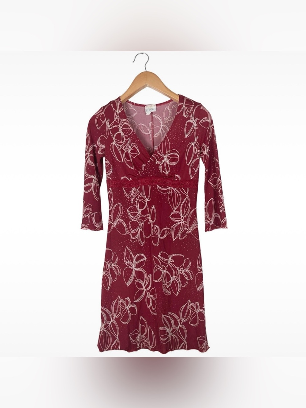 Vintage Y2K Finesse 3/4 Sleeve Red Floral Lace Waist Dress Women’s Medium Boho